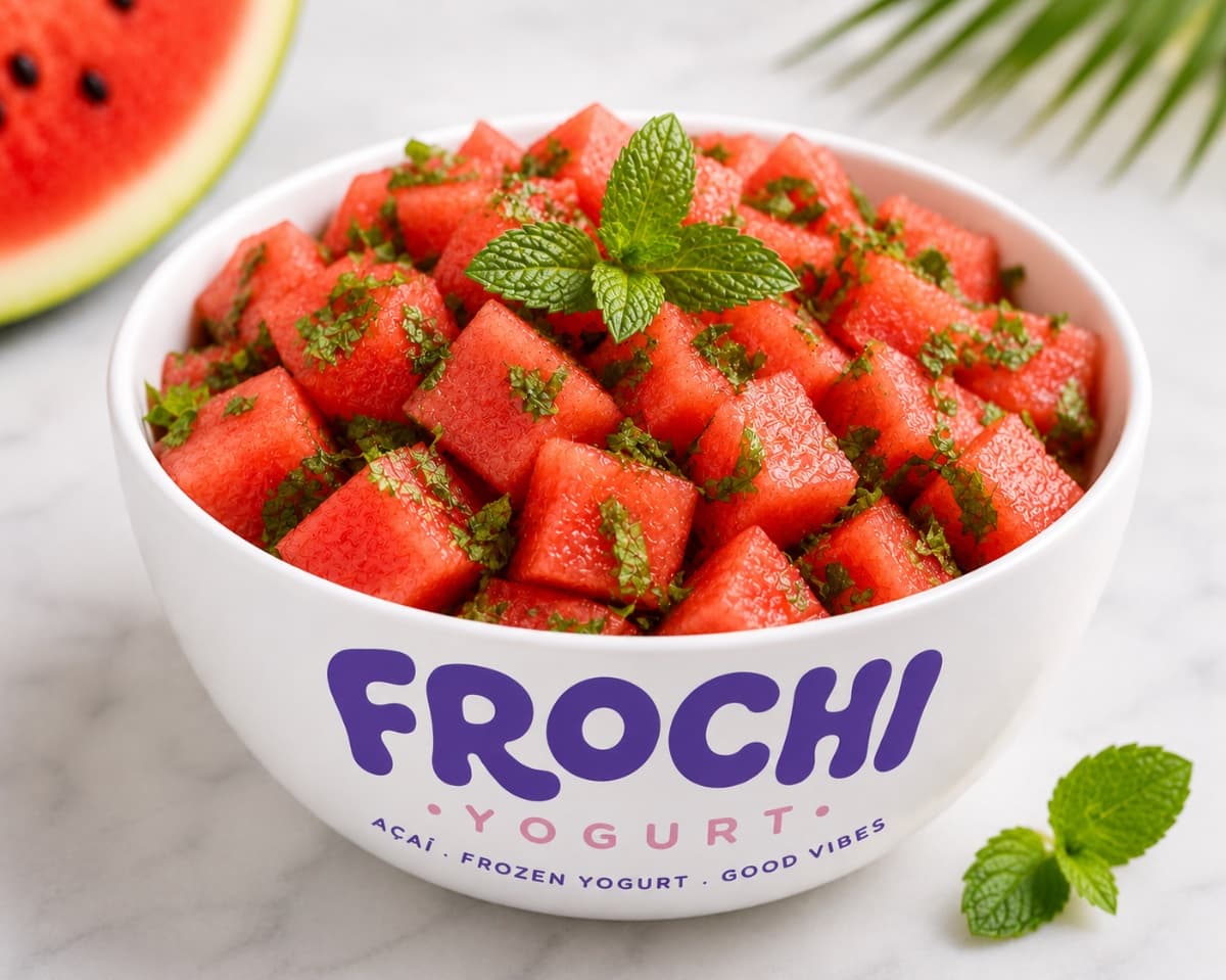 A bowl of Fresh-Cut Watermelon & Mint